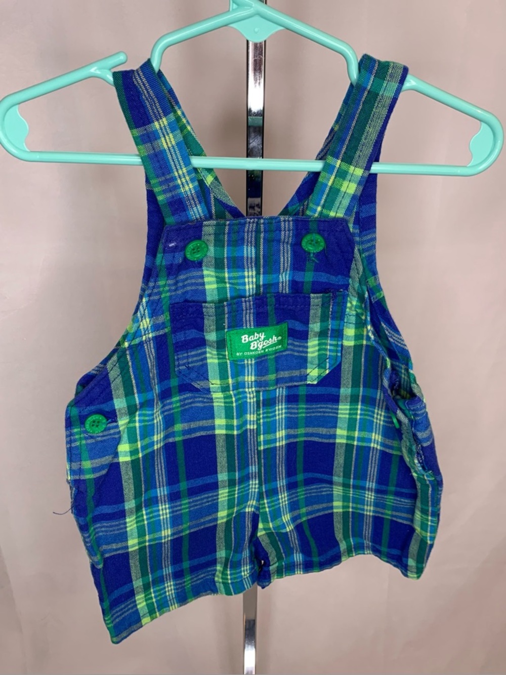Vintage Osh Kosh baby bibs blue green plaid Overalls sz 18 months 90's coveralls